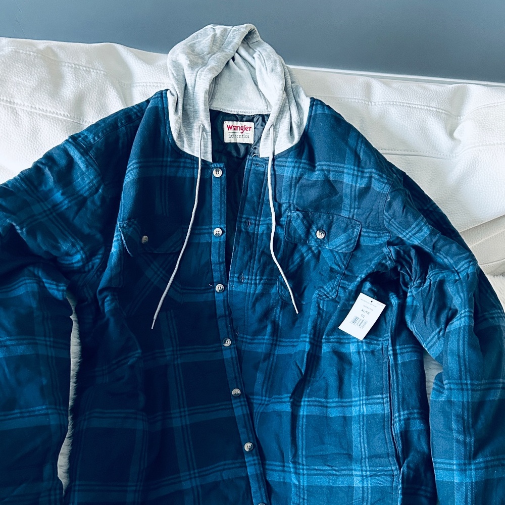 Wrangler Mens Long Sleeve Quilted Lined Flannel Shirt Jacket With Hood Total